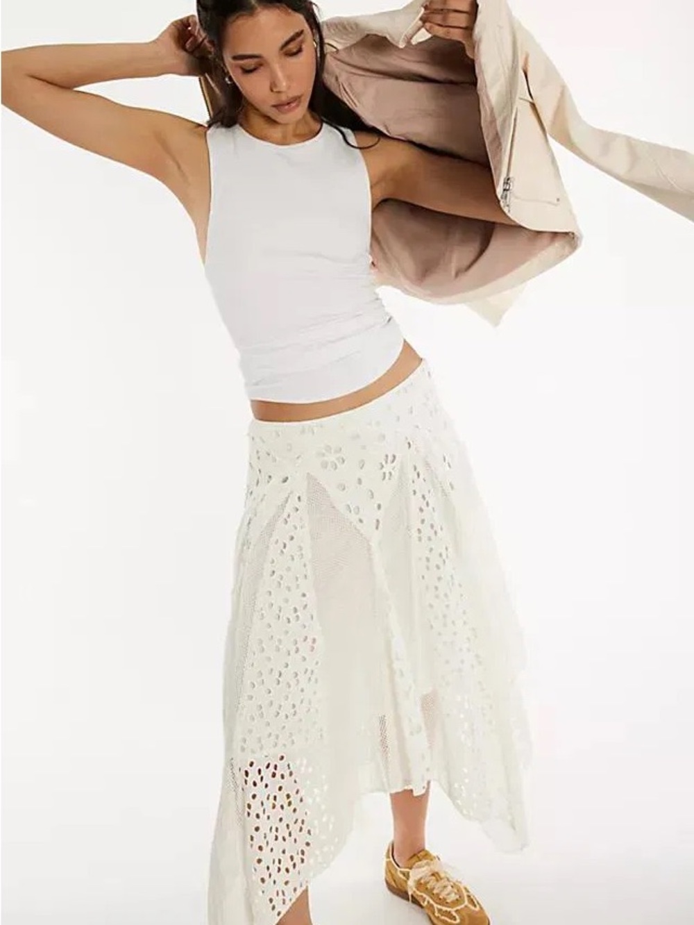 Free People Eyelet Show Stopper Asymmetrical Handkerchief Hemline Midi Skirt